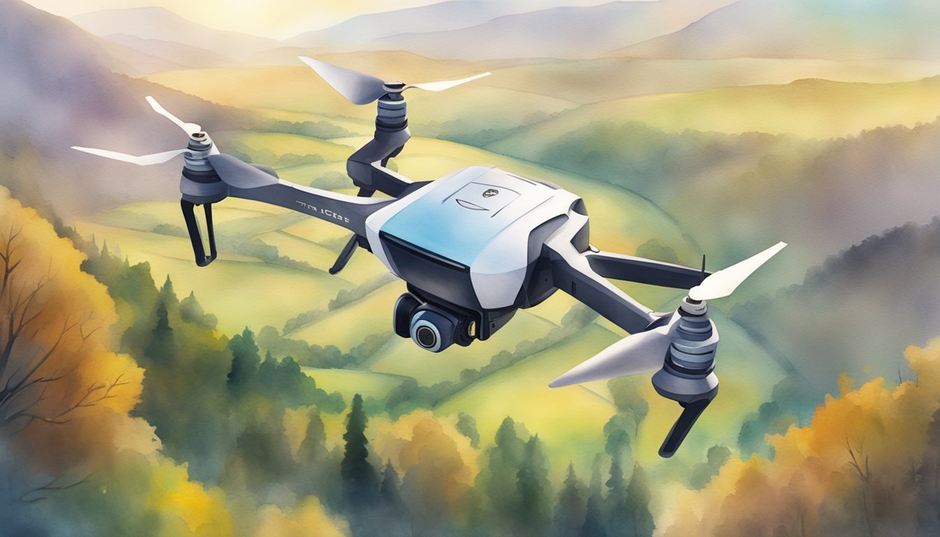 A drone hovers above a picturesque landscape, capturing stunning aerial photography.</p><p>The pilot's ground school logo is visible on the UAV