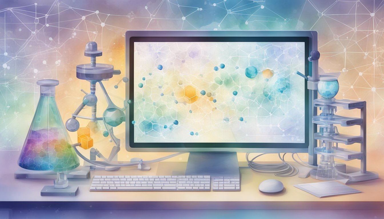 A computer screen displays complex molecular structures and equations, surrounded by virtual laboratory equipment and data visualizations