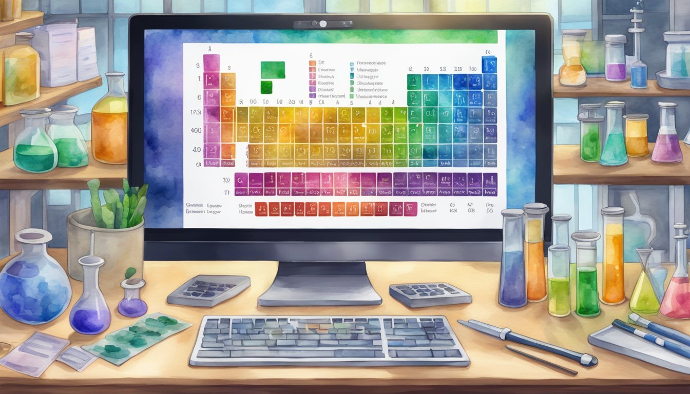 The interactive periodic table is displayed on a computer screen, surrounded by virtual laboratory equipment and tools for online chemistry experiments