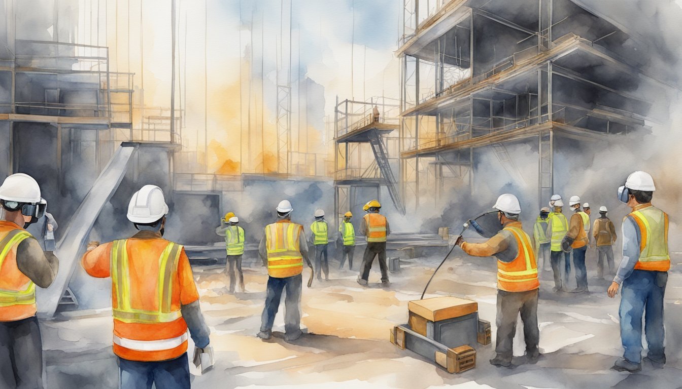 Construction site with VR headsets, workers simulating emergency response drills.</p><p>Safety scenarios include fire, falls, and hazardous material spills