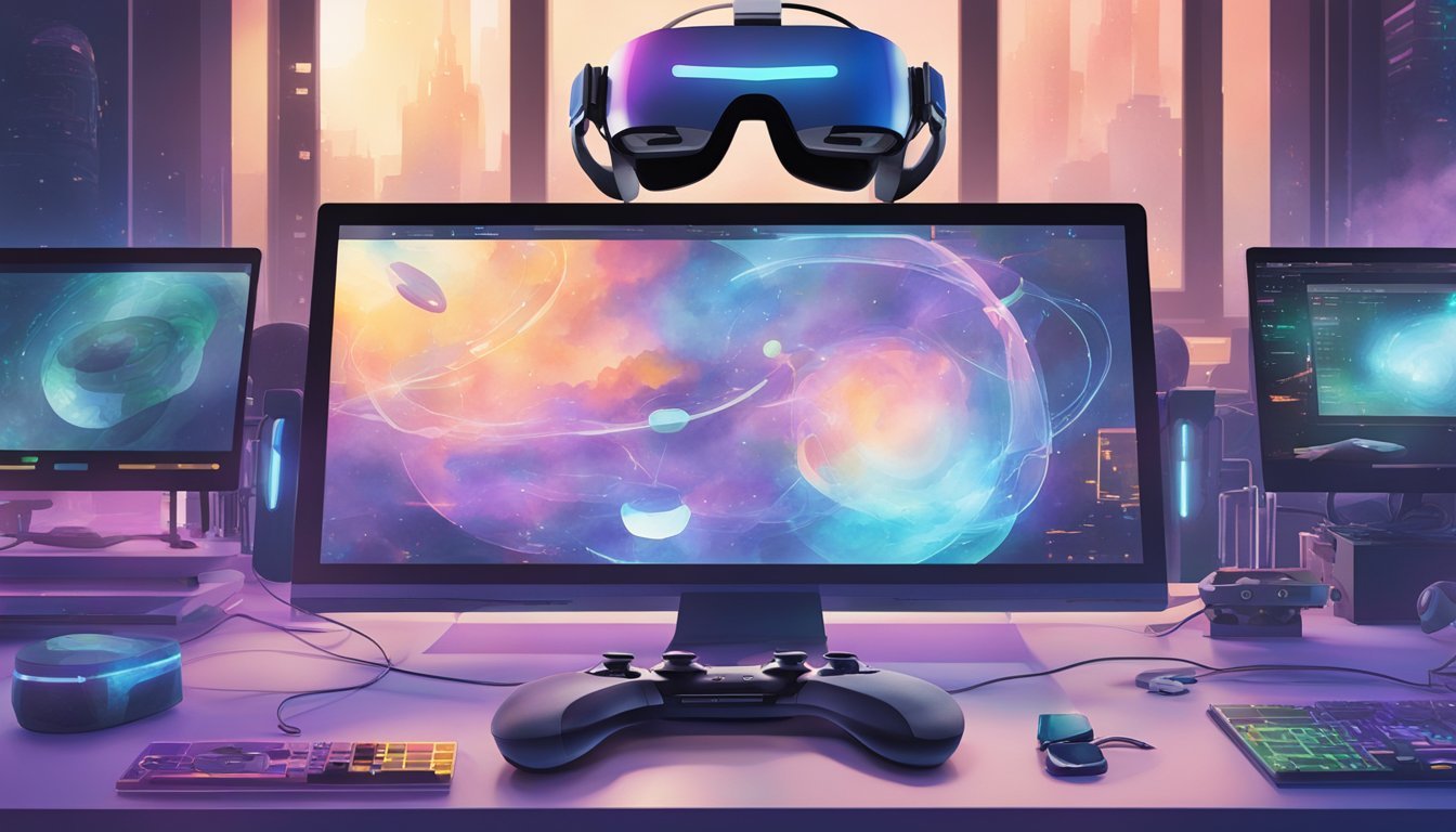 A virtual reality headset and controllers are set up on a desk, surrounded by computer screens displaying game development software.</p><p>A futuristic, immersive environment is visible on the screens