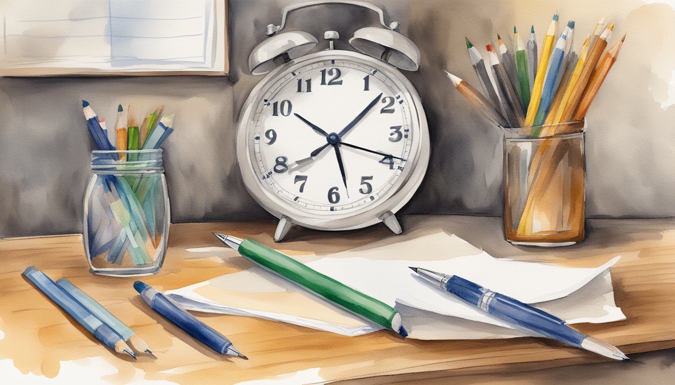 A desk with a pen, pencil, and eraser.</p><p>A clock on the wall shows the time.</p><p>A paper with the title "Read Instructions Carefully 7 Tips to Improve Test-Taking Skills" is on the desk