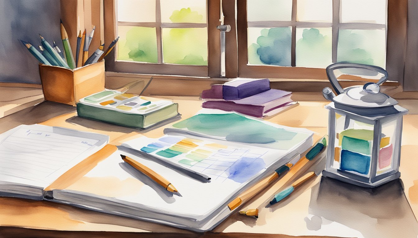 A desk with a variety of practice test materials, a timer, and a notebook with study tips.</p><p>A calm and focused atmosphere with natural lighting