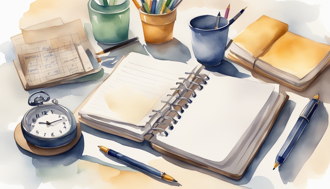 A desk with organized study materials, a clock showing the time, a calm and focused atmosphere, and a notebook with written study notes