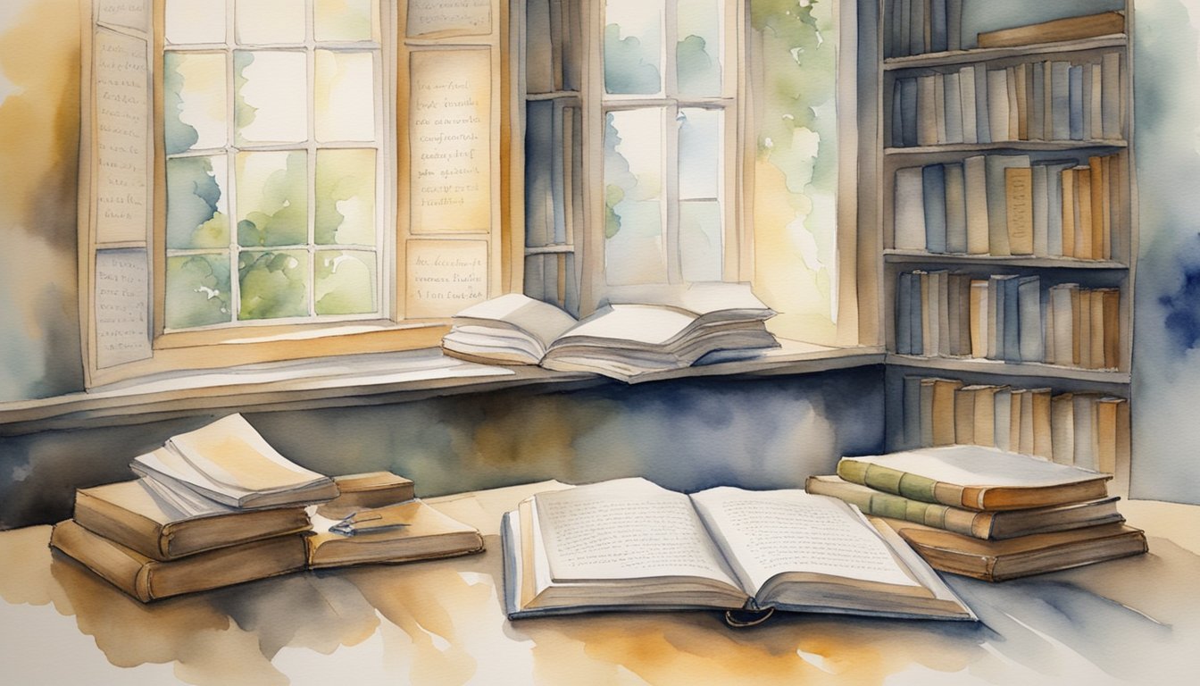 A tranquil setting with open books, a pen, and a thoughtful expression.</p><p>Surrounding the scene are various philosophical quotes written in elegant script