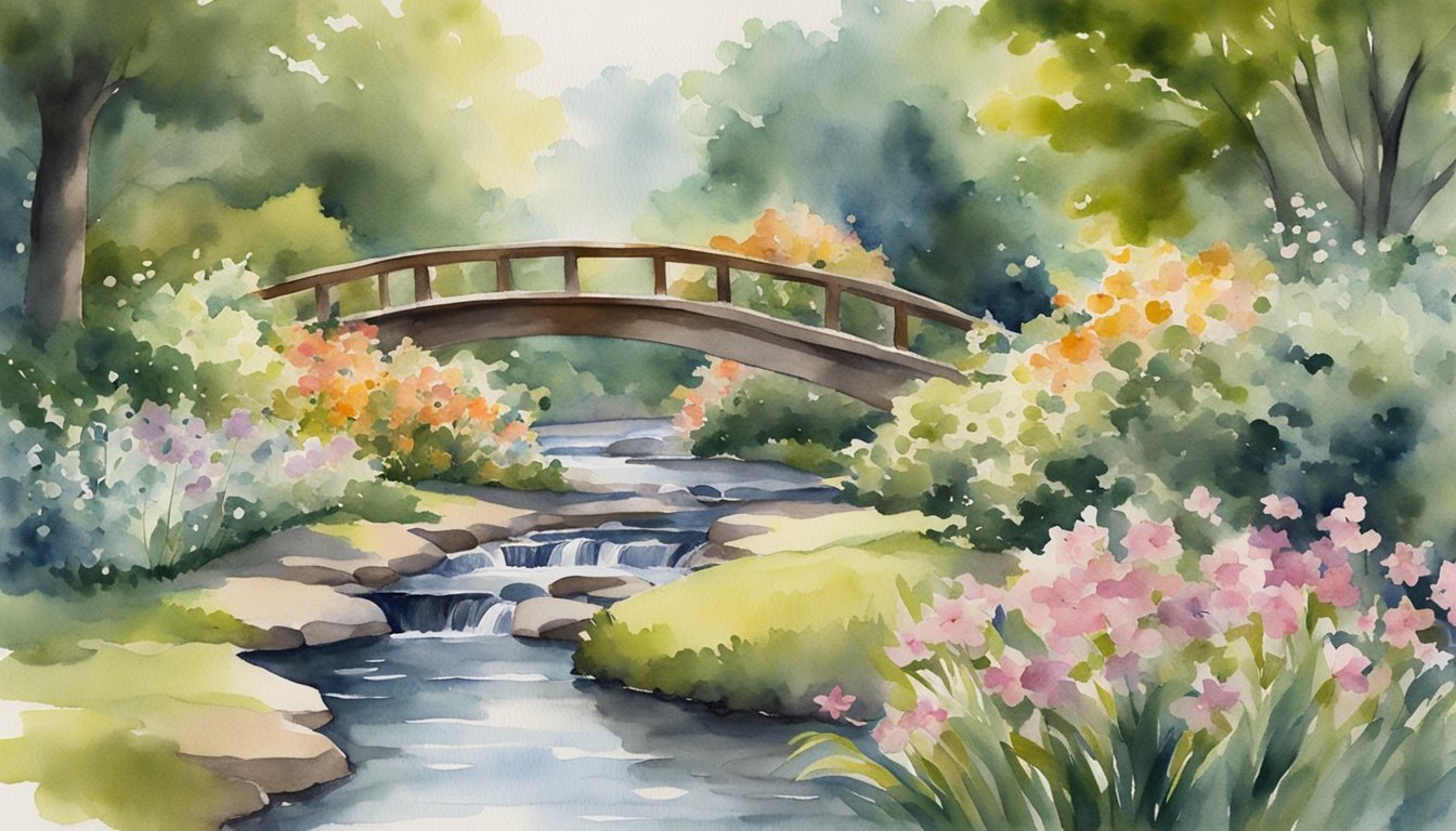 A peaceful garden with a flowing stream, surrounded by blooming flowers and lush greenery.</p><p>A gentle breeze rustles the leaves, creating a sense of calm and tranquility