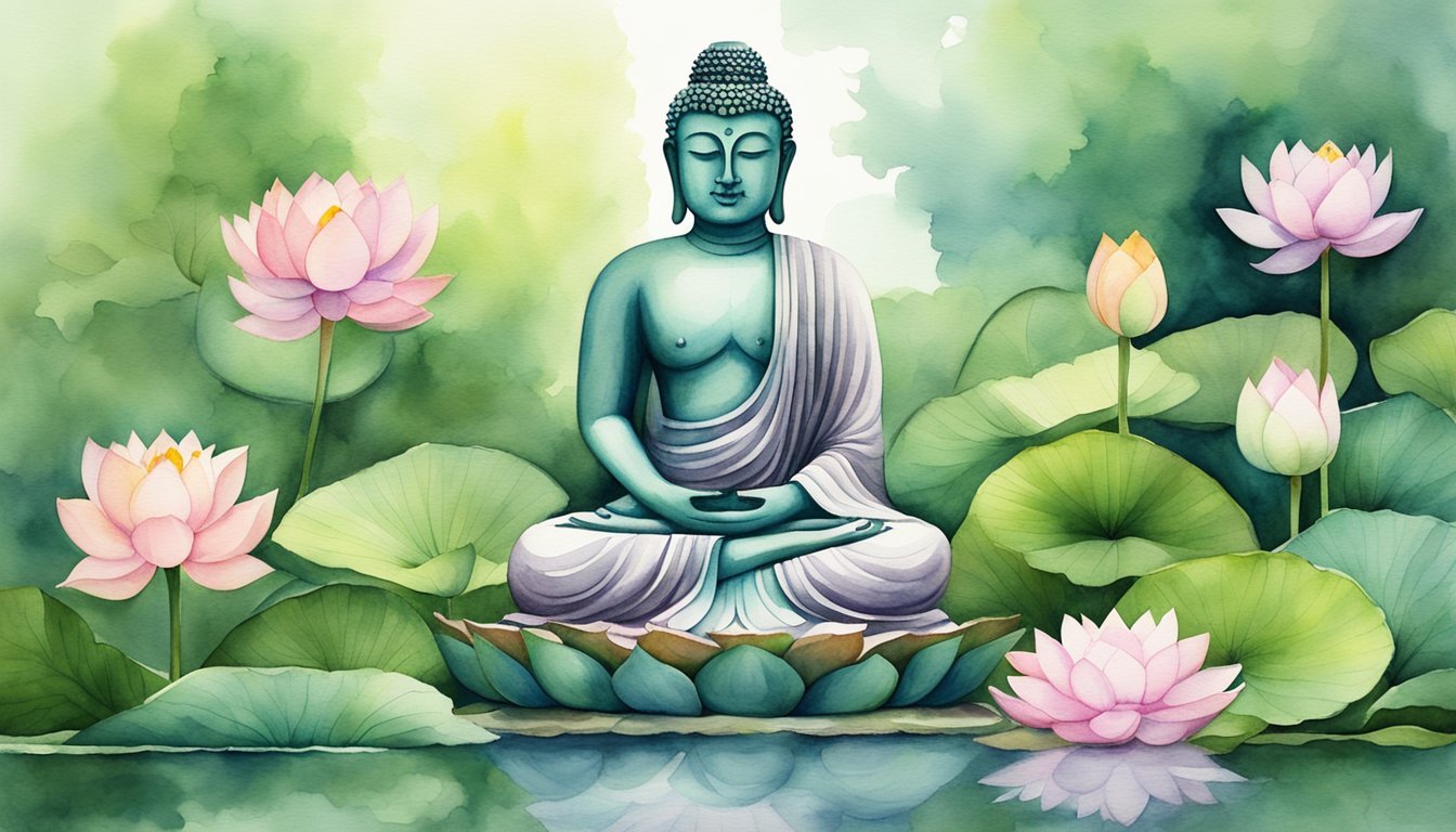 A tranquil garden with a meditating Buddha statue surrounded by blooming lotus flowers and lush greenery