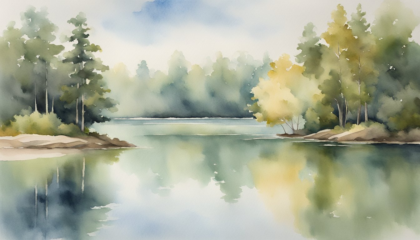 A calm lake reflects the surrounding trees and sky, capturing the stillness of the mind