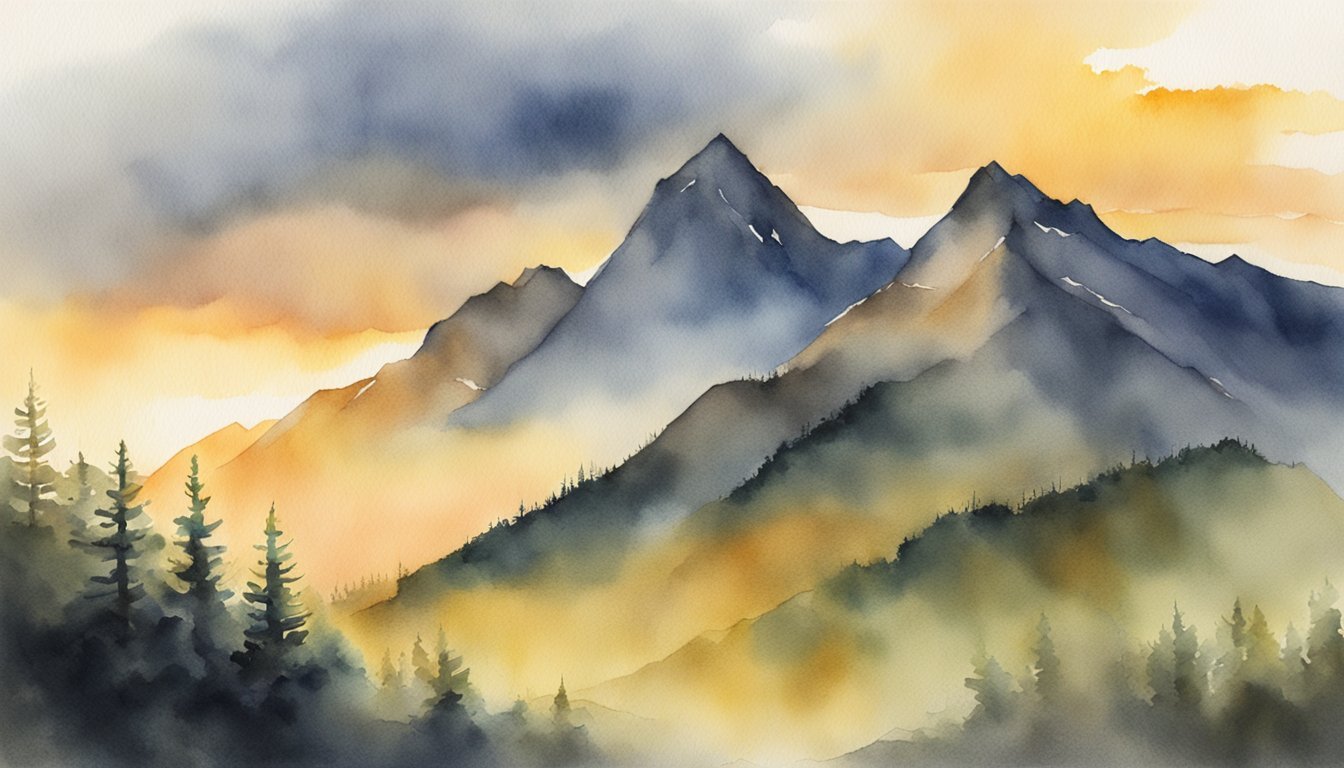 A bright sunrise breaking through dark clouds, casting a golden glow on a rugged mountain peak