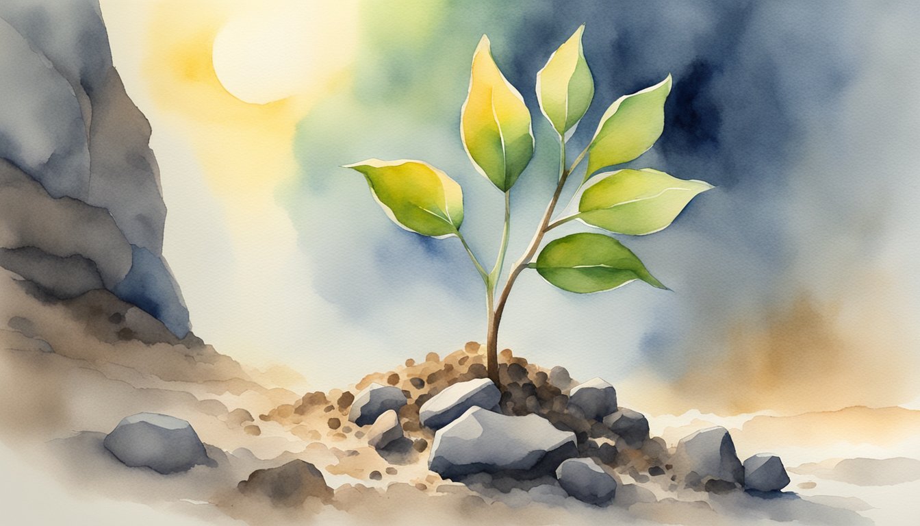 A small sapling pushing through rocky soil, reaching towards the sunlight with determination and resilience