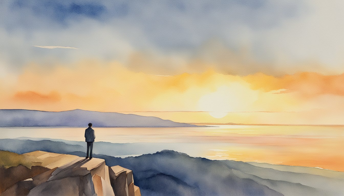 A lone figure stands at the edge of a cliff, gazing out at a vast, daunting landscape.</p><p>The sun sets in the distance, casting a warm glow on the scene