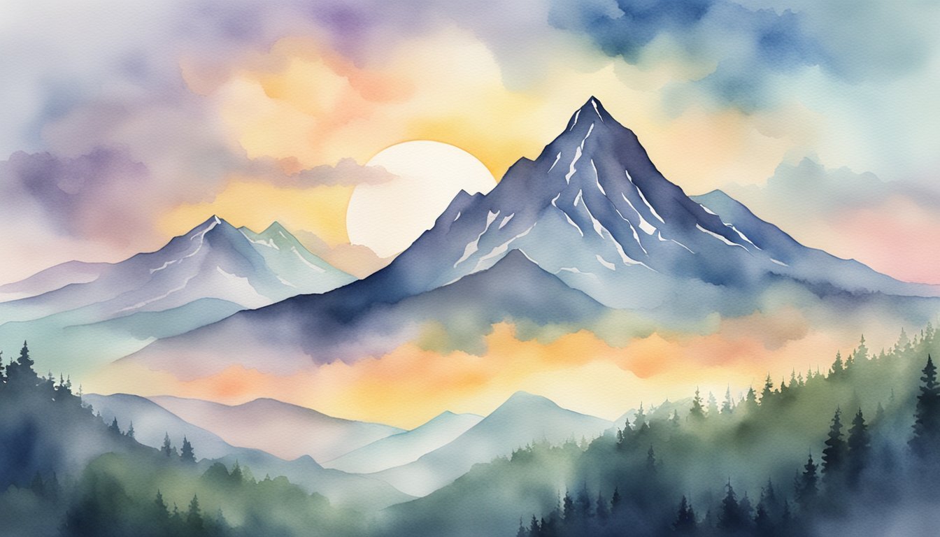 A mountain peak with a quote banner, surrounded by clouds and a sunrise