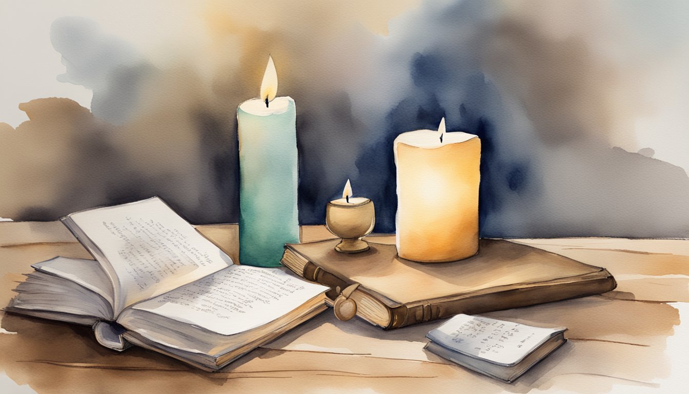 A book with "Honesty is the first chapter in the book of wisdom." quote on a wooden table with a candle and quill