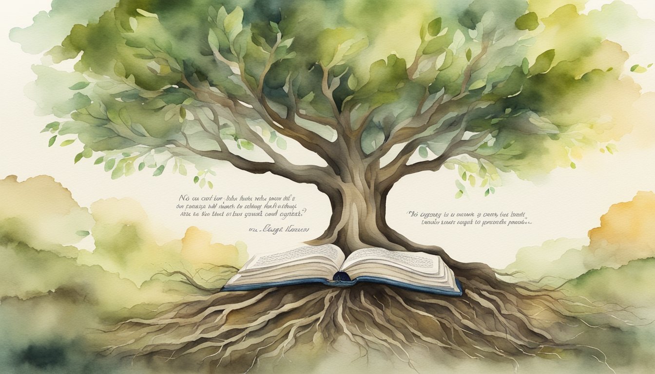 A tree with roots deep in the ground, surrounded by open books and a quill pen, with the quote "No legacy is so rich as honesty" written in elegant script