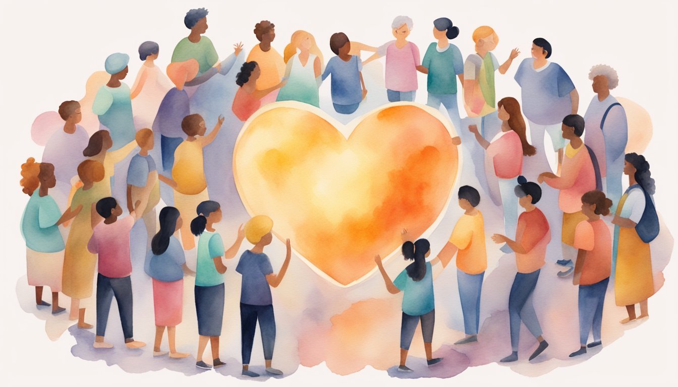 A glowing heart-shaped symbol surrounded by diverse people helping each other