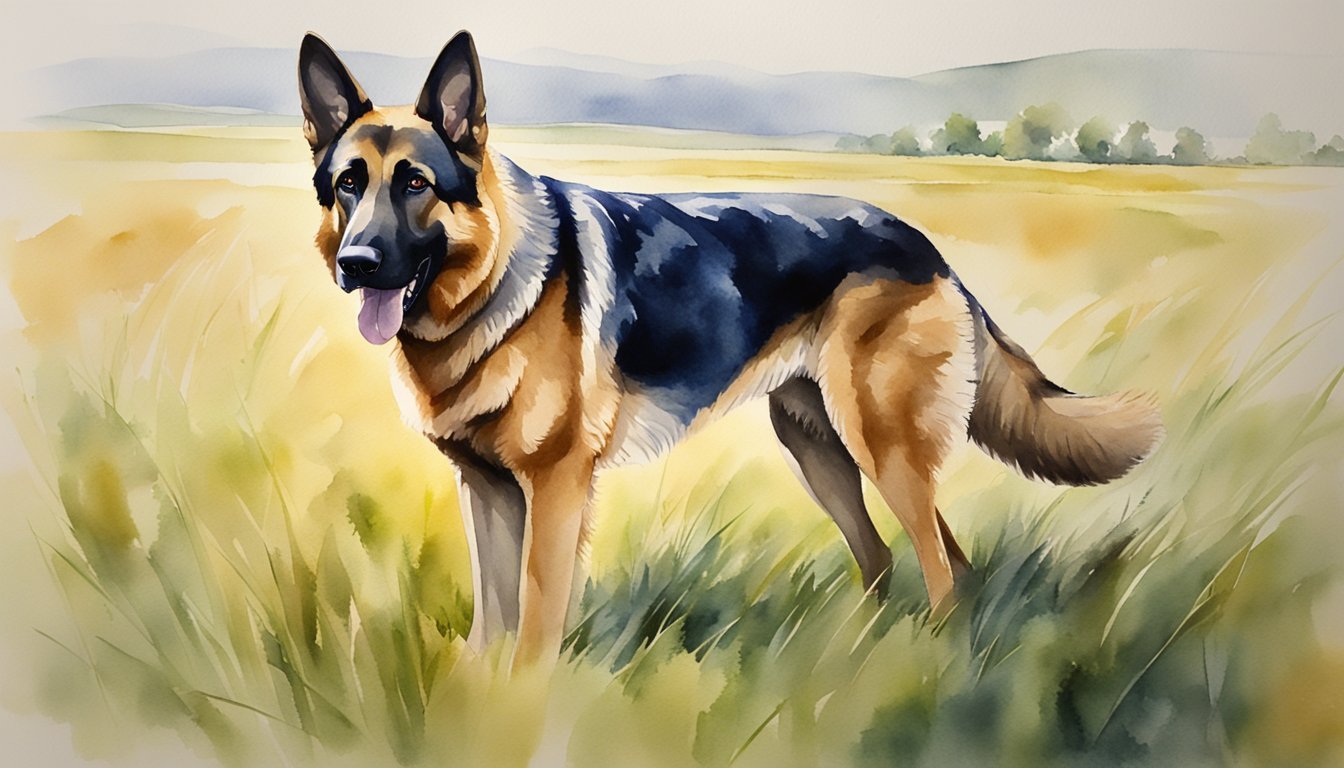 A German Shepherd stands proudly in a grassy field, its alert ears perked up, and its intelligent eyes focused ahead.</p><p>Its strong, muscular body exudes power and grace as it embodies the impressive traits of the breed