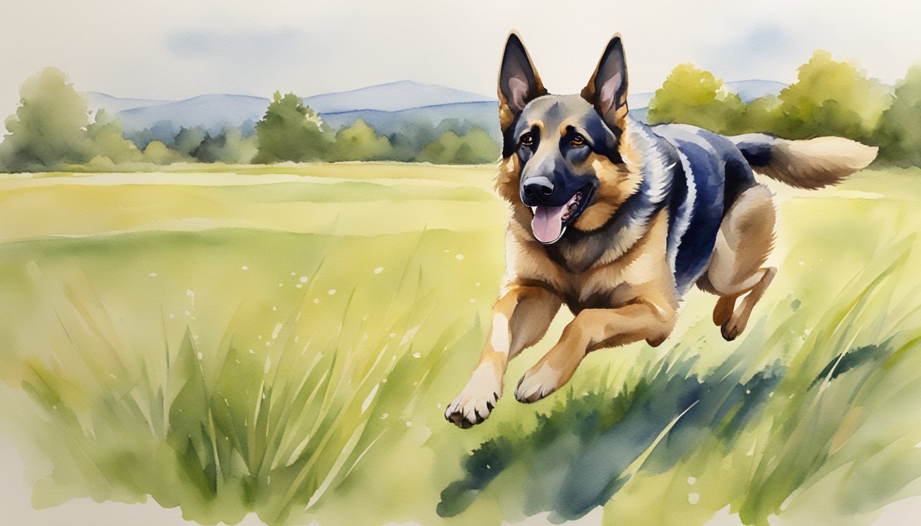 A German Shepherd running through a grassy field, tongue out, tail wagging, with a playful expression.</p><p>A frisbee is mid-air, and the dog is leaping to catch it