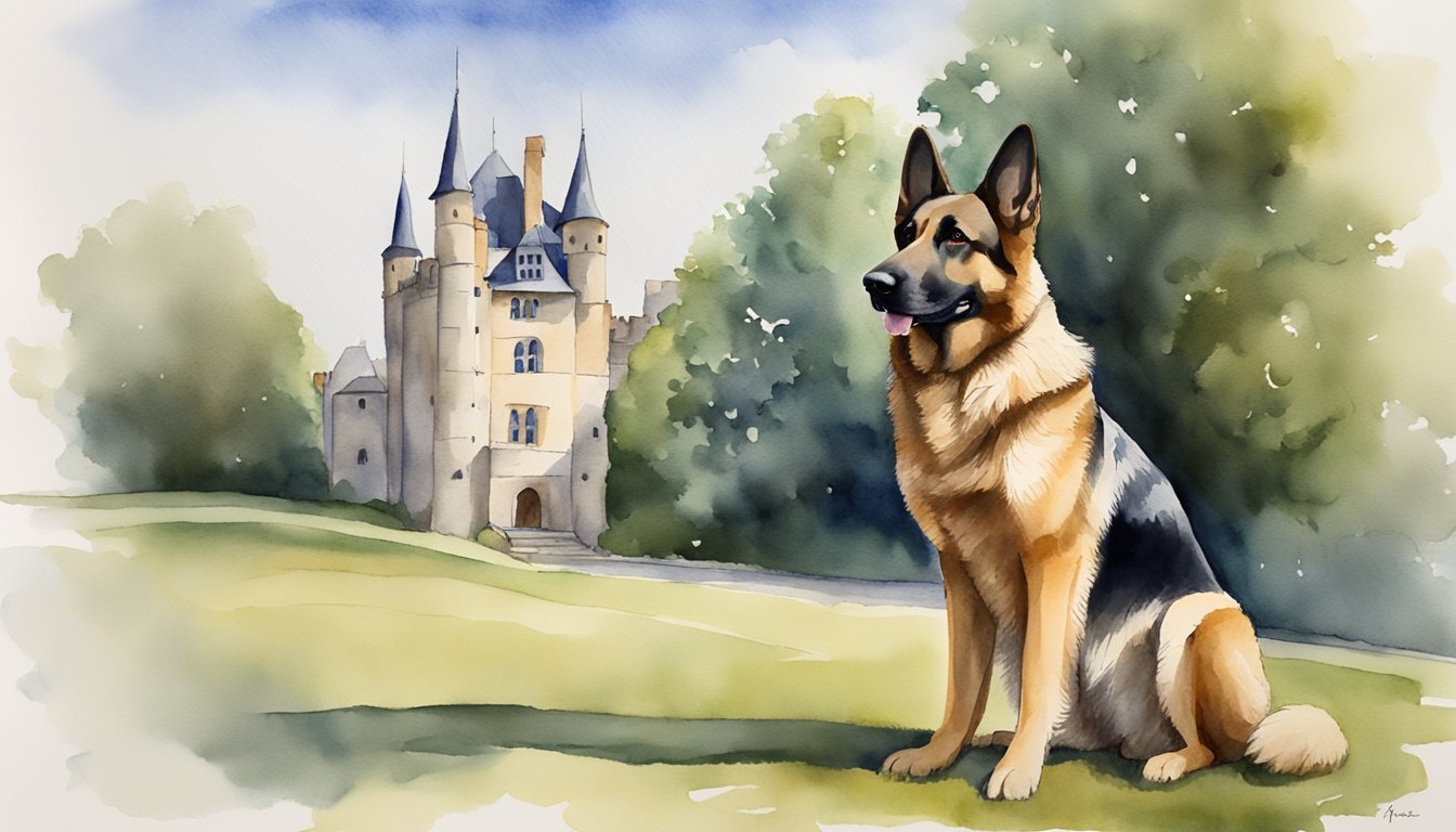 A German Shepherd stands proudly in front of a historic German castle, symbolizing its origins and rich history.</p><p>Its alert ears and strong stance exude confidence and intelligence