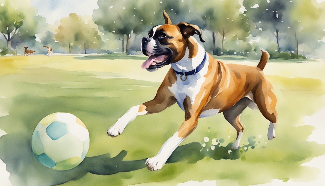 A boxer dog running happily in a park, playing with a ball, and interacting with other dogs.</p><p>A bowl of fresh water and a healthy meal nearby