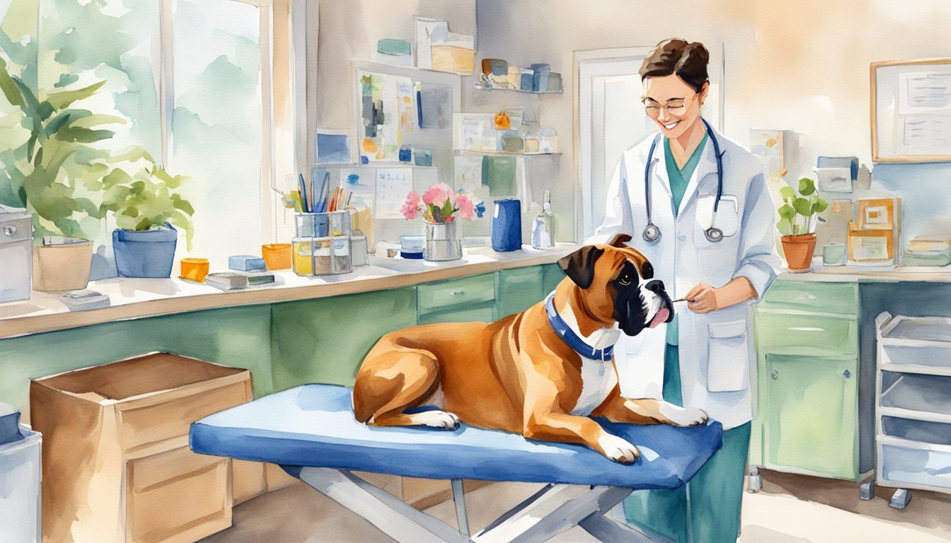 A boxer dog happily sitting on a veterinary examination table, with a friendly veterinarian conducting a check-up.</p><p>The room is bright and clean, with pet-friendly decor and toys scattered around