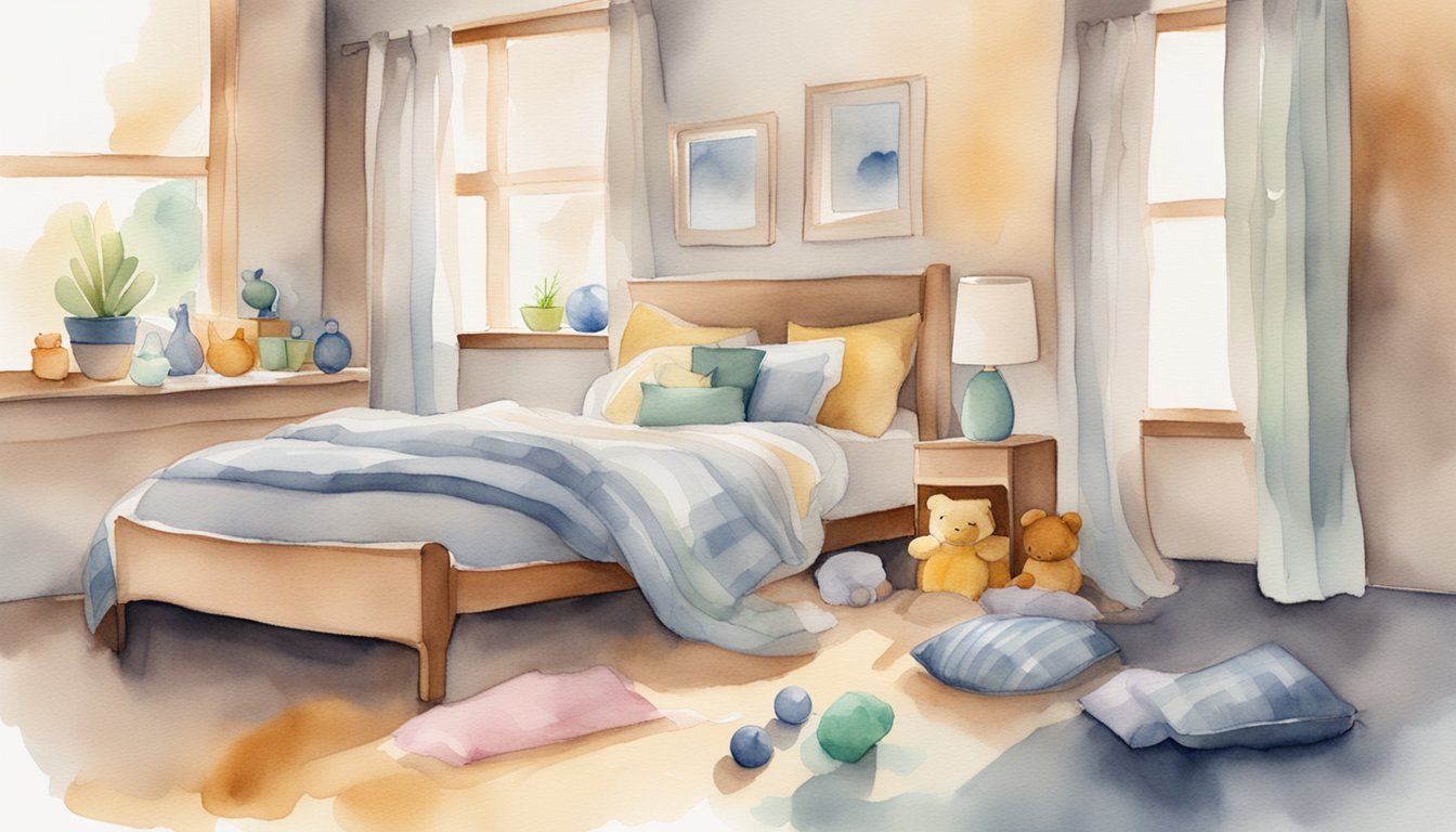 A spacious, cozy bed with a fluffy blanket and a few toys scattered around