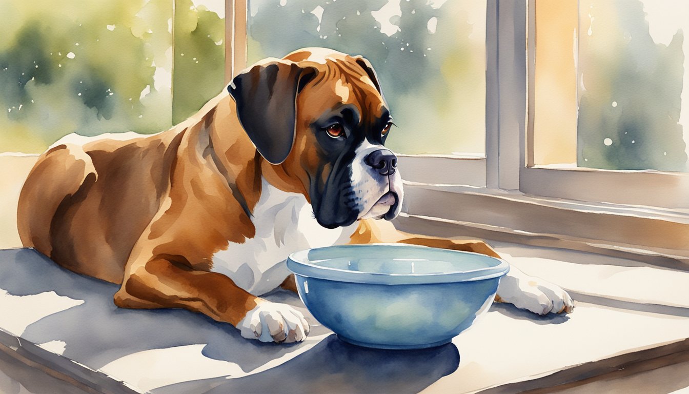 A boxer dog drinks from a clean water bowl.</p><p>Sunlight filters through a window, casting a warm glow on the scene