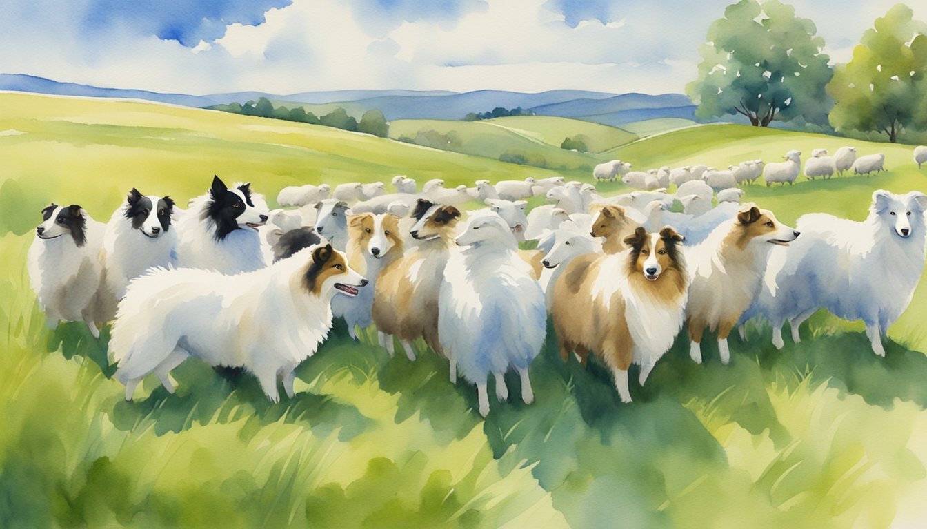 A Shetland Sheepdog herding a flock of sheep through a green, rolling pasture under a bright blue sky with fluffy white clouds