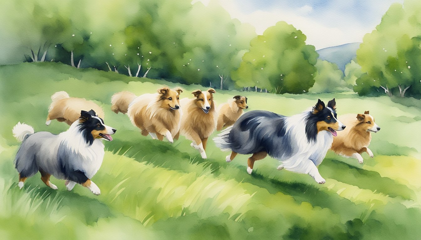 Shetland sheepdogs herding sheep with agility and intelligence in a lush green field