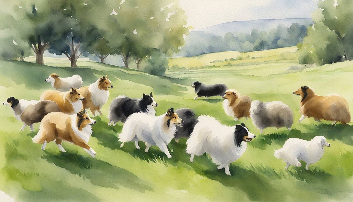 Shetland Sheepdogs herding sheep in a lush green pasture, demonstrating agility and intelligence.</p><p>Focused and attentive, they work closely with the farmer, showcasing their natural herding instincts