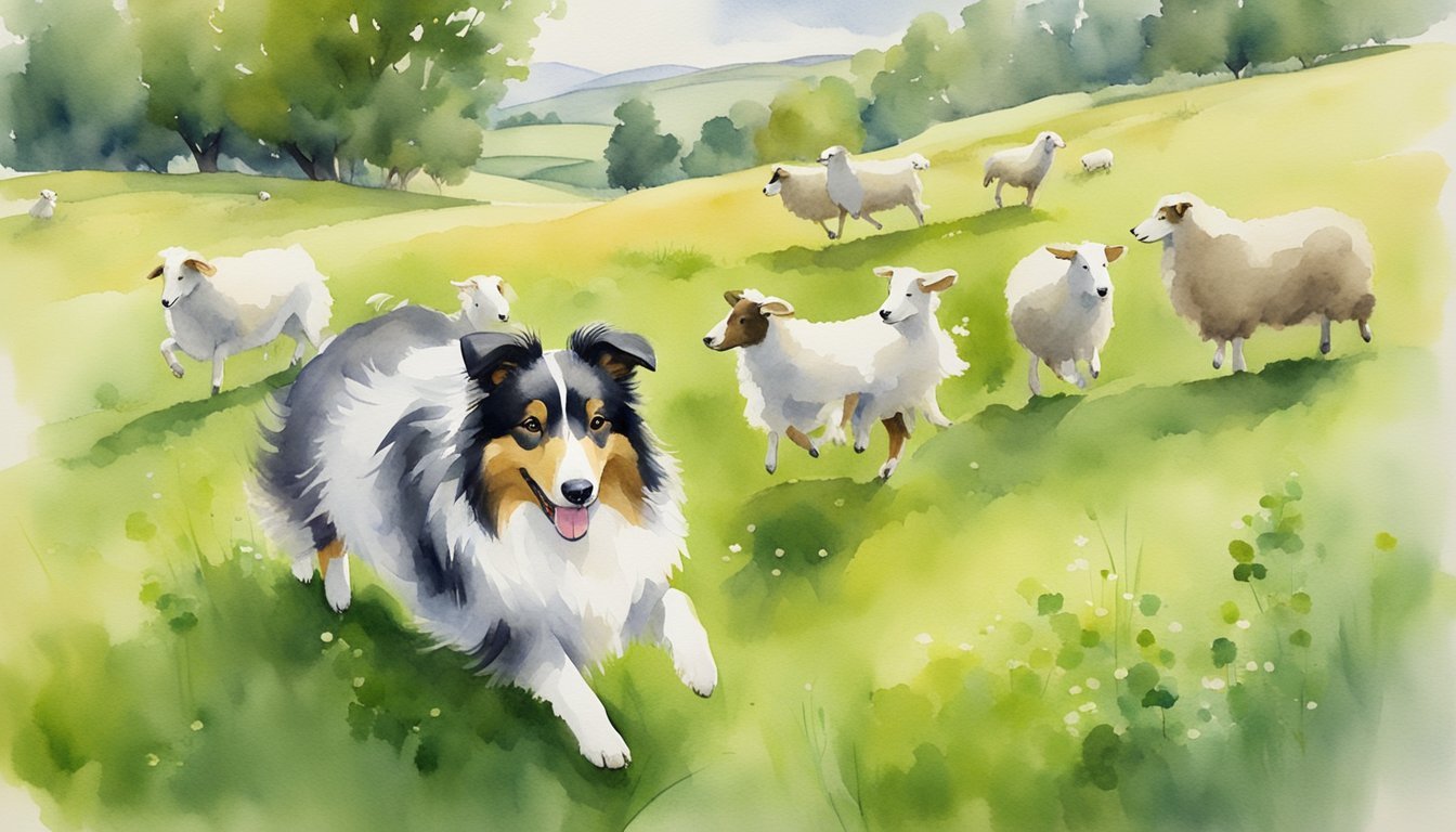 Shetland Sheepdog herding sheep in a lush green field, surrounded by children playing and laughing