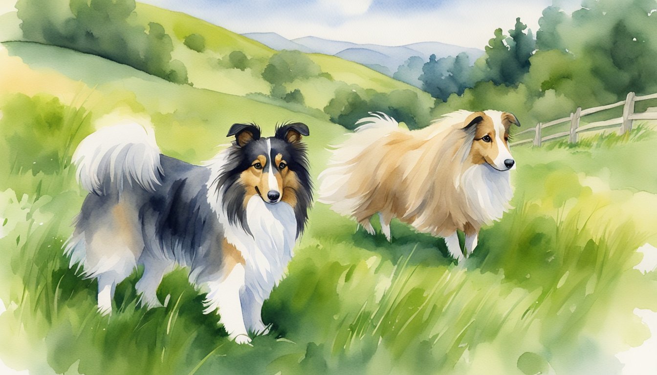 A Shetland Sheepdog herding sheep in a lush green field with a flowing mane and bright, alert eyes