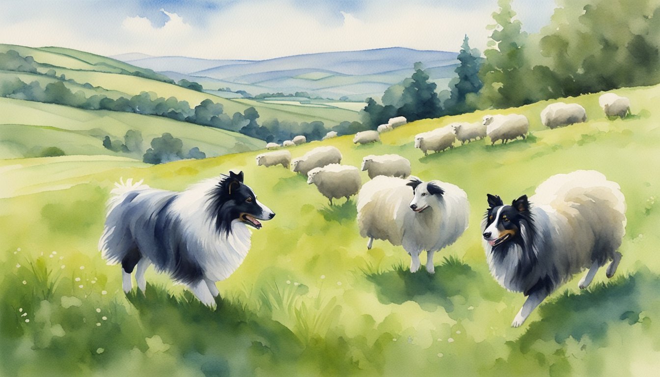 A Shetland Sheepdog herding sheep in a lush green pasture, with a backdrop of rolling hills and a clear blue sky