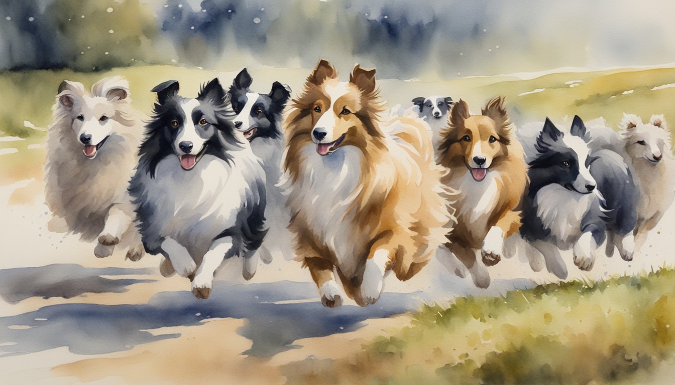 Shetland Sheepdogs herding sheep with enthusiasm and agility, showcasing their high energy levels and natural herding instincts