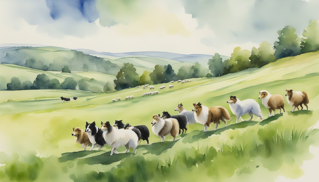 Shetland Sheepdogs herding sheep in a green pasture, displaying focus and determination.</p><p>The dogs move swiftly and purposefully, showcasing their strong work ethic