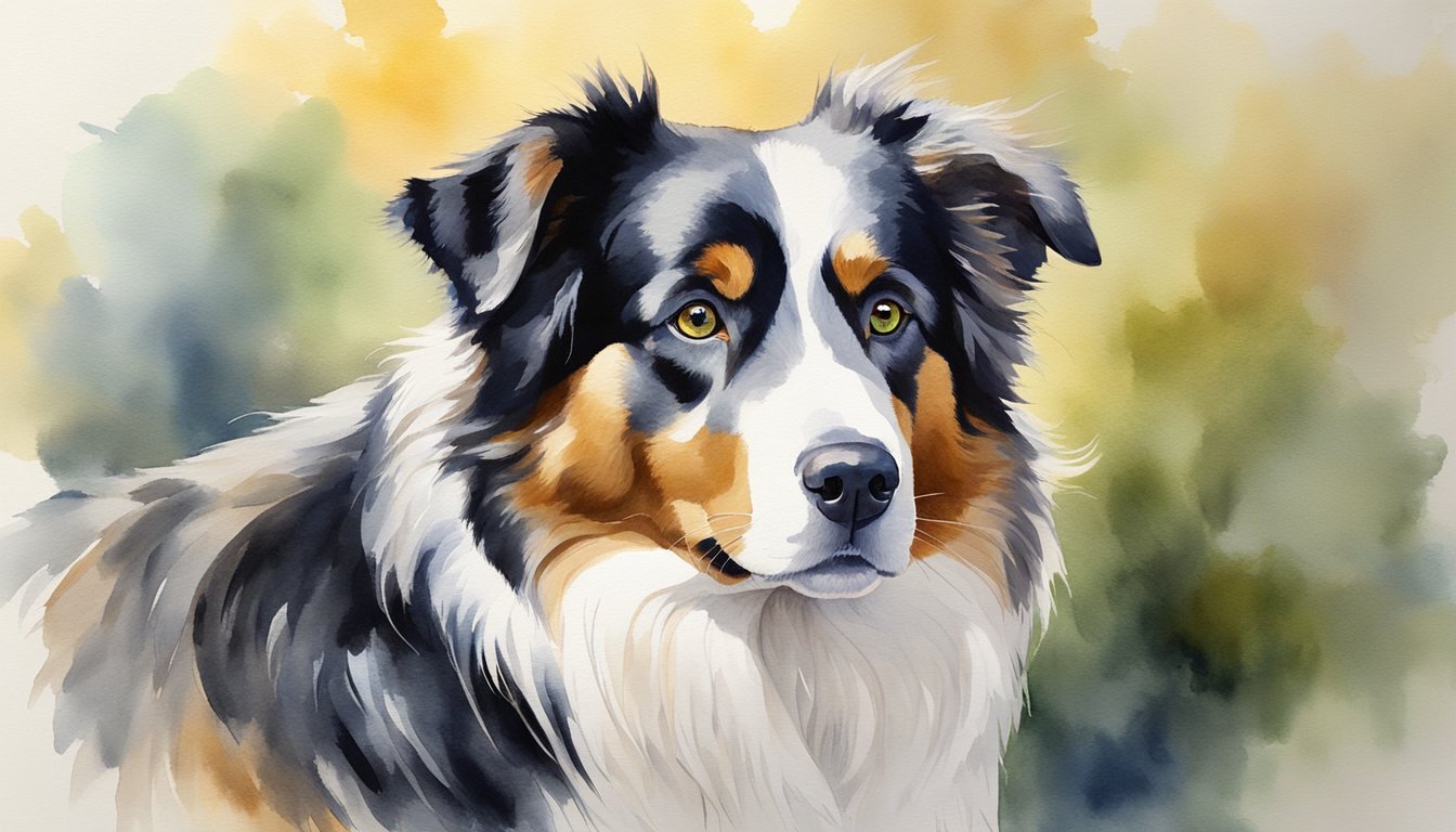 An Australian Shepherd stands alert, gazing intently with bright eyes.</p><p>Its ears perk up, showcasing its high intelligence and alertness.</p><p>Its sleek coat shines in the sunlight, exuding confidence and energy