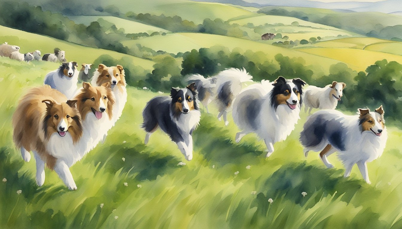 Shetland Sheepdogs herding sheep in a lush green field with rolling hills in the background.</p><p>The dogs are focused and attentive, displaying their natural herding instincts