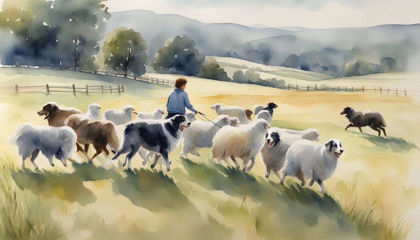 An Australian Shepherd herding sheep in a sprawling field, showing intelligence, agility, and loyalty.</p><p>A family plays in the background, highlighting the breed's versatility