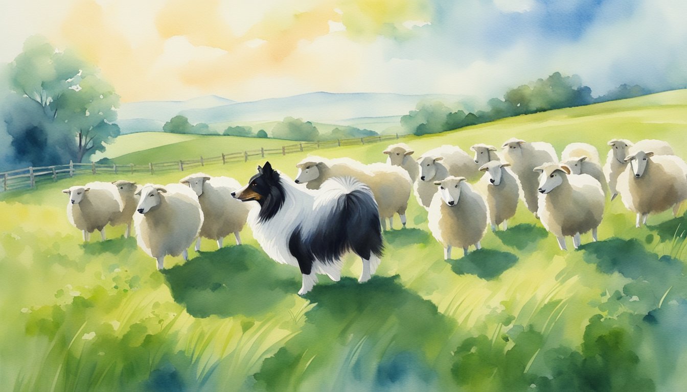 A Shetland Sheepdog herding a flock of sheep across a lush green pasture under a bright blue sky