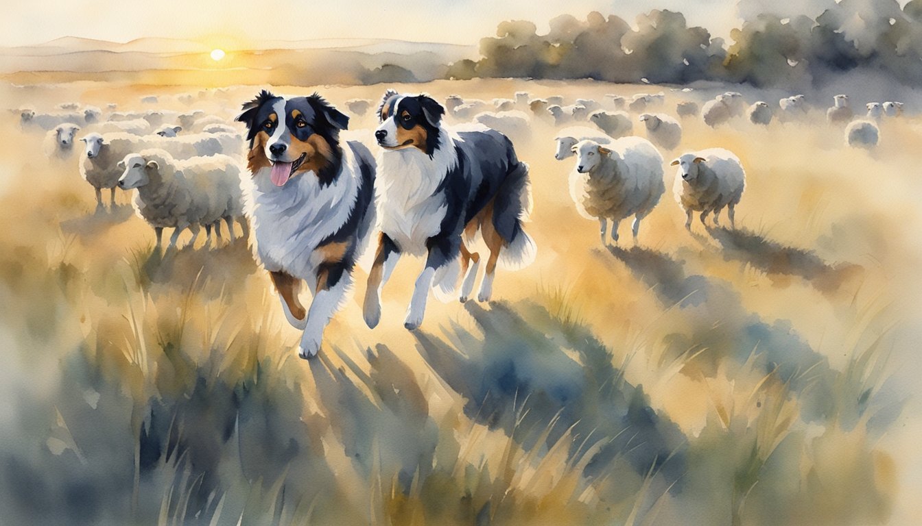 An Australian Shepherd diligently herding sheep in a vast, open field under the bright sun, showcasing loyalty and dedication