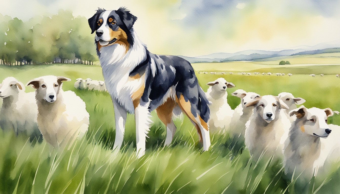 An Australian Shepherd stands alert, ears perked and eyes focused, guarding a flock of sheep in a sprawling green pasture