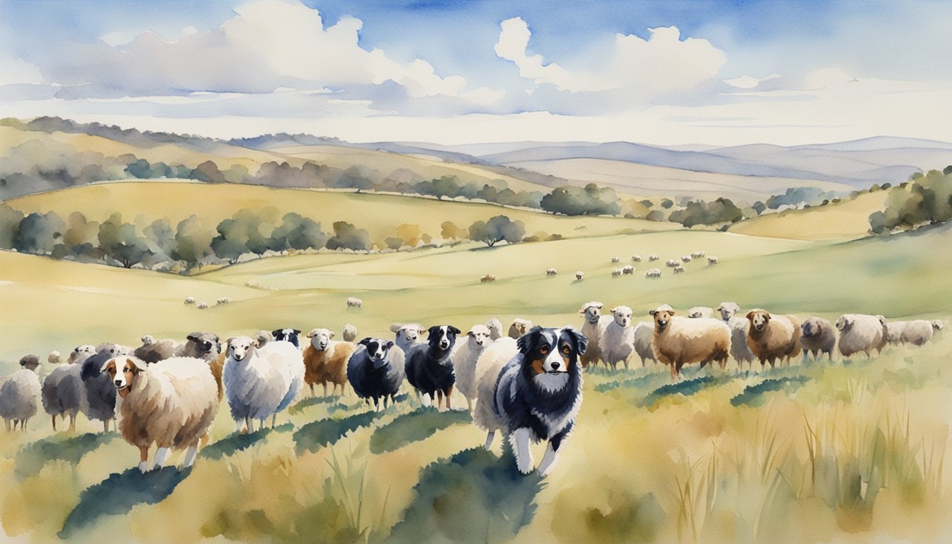 An Australian Shepherd herding sheep in a vast, open field with a backdrop of rolling hills and a clear blue sky