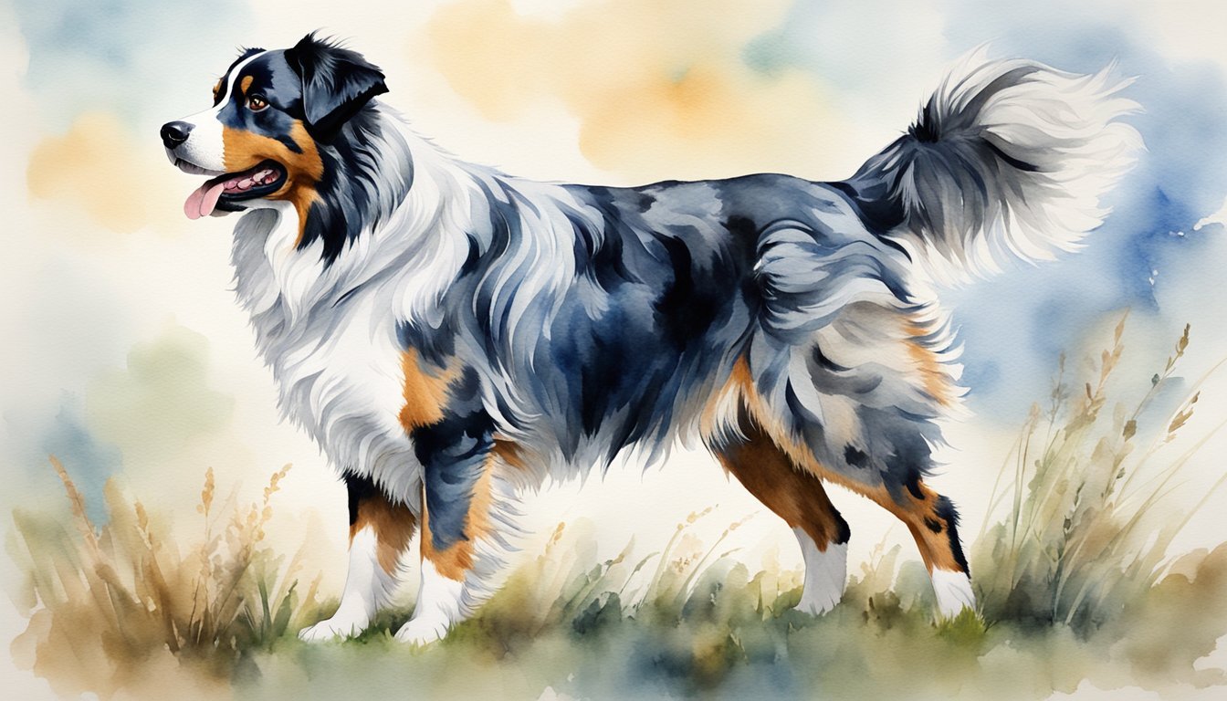 An Australian Shepherd standing tall, with a thick double coat in shades of blue merle, black, and red, showcasing its alert expression and agile build