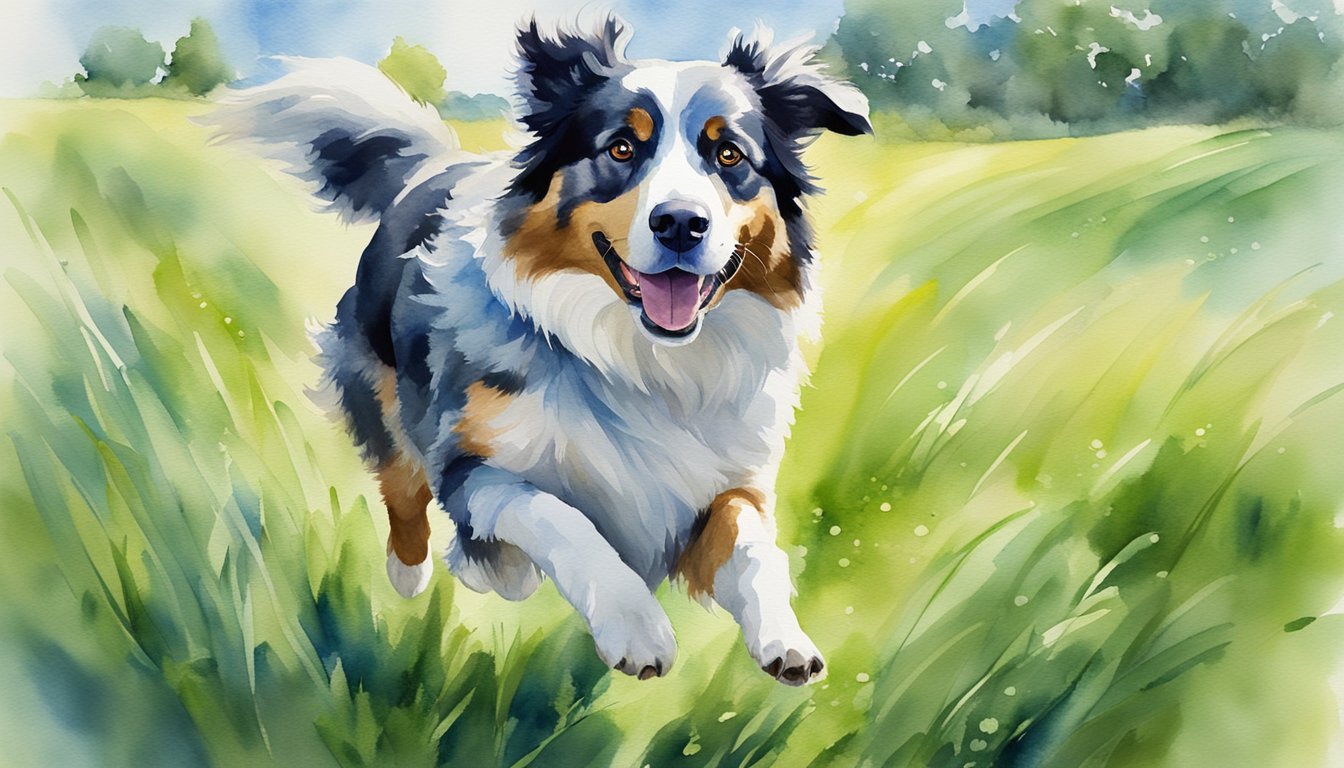 An Australian Shepherd running through a lush green field, with a bright blue sky overhead and a sense of energy and vitality in its movement