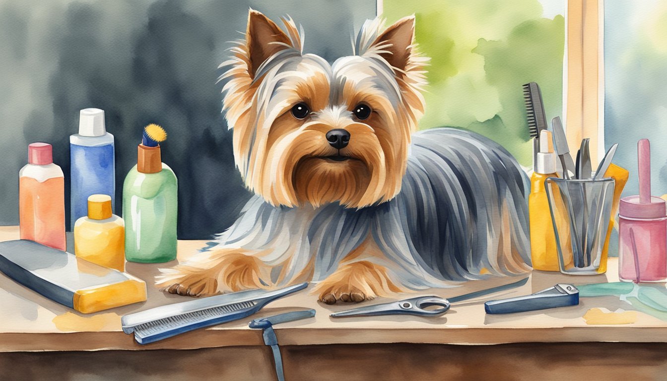 A Yorkshire Terrier being brushed, bathed, and groomed with a comb, scissors, and nail clippers.</p><p>A grooming table with various grooming products and a happy, well-groomed Yorkshire Terrier