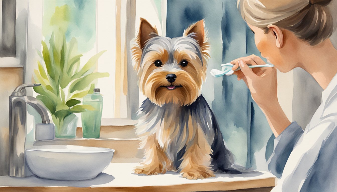 A Yorkshire Terrier sits calmly as its owner brushes its teeth with canine toothpaste, following grooming tips