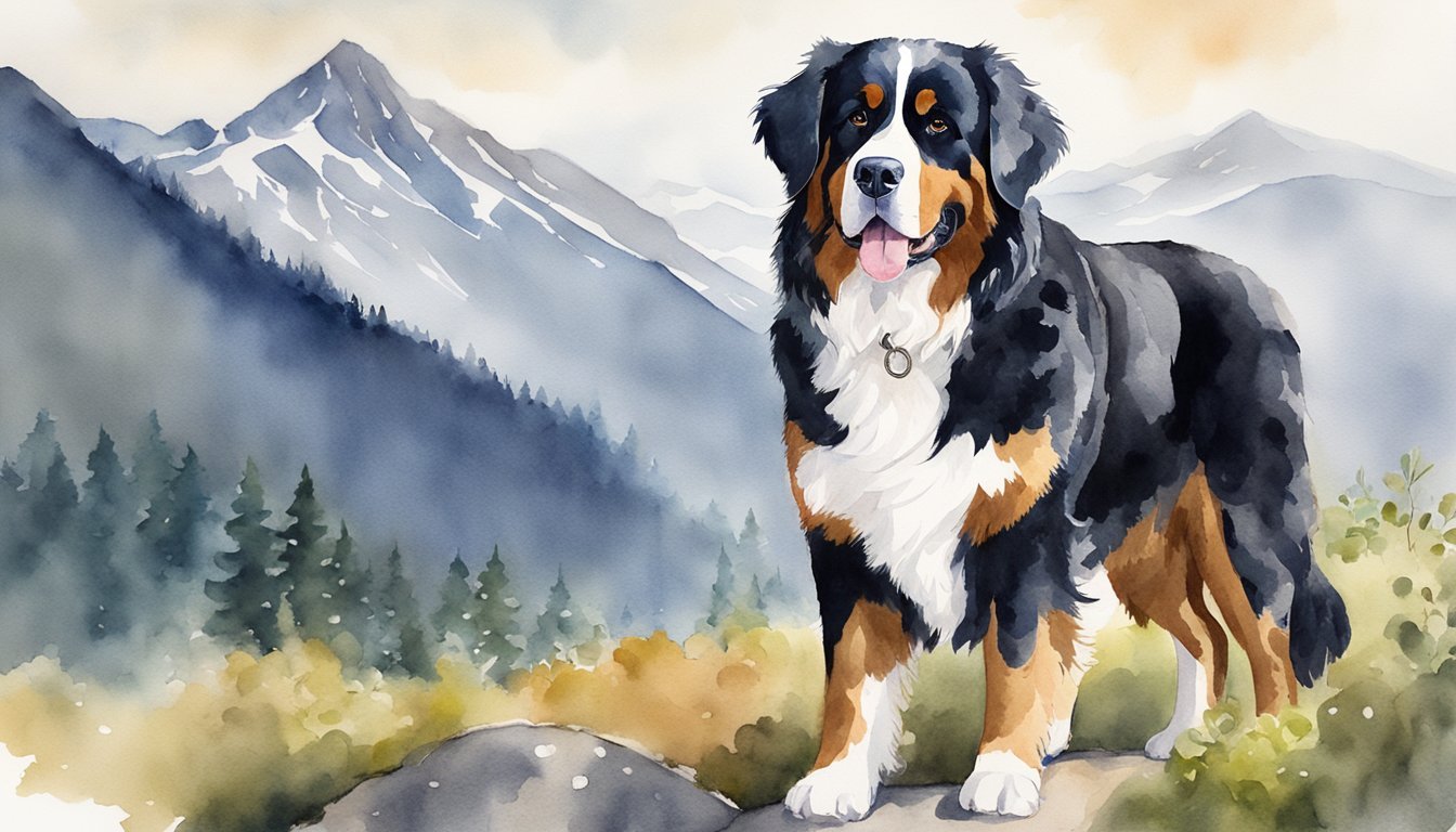 A Bernese Mountain Dog standing proudly in front of a mountain backdrop, with a friendly expression and a thick, tri-colored coat.</p><p>A leash and a bowl of water nearby