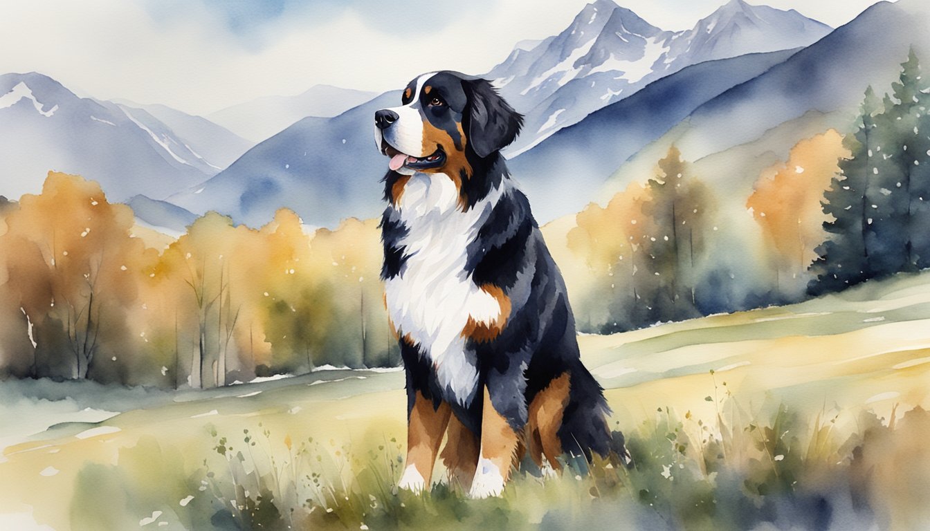 A Bernese Mountain Dog standing proudly, with a gentle expression and a wagging tail, surrounded by a beautiful mountain landscape