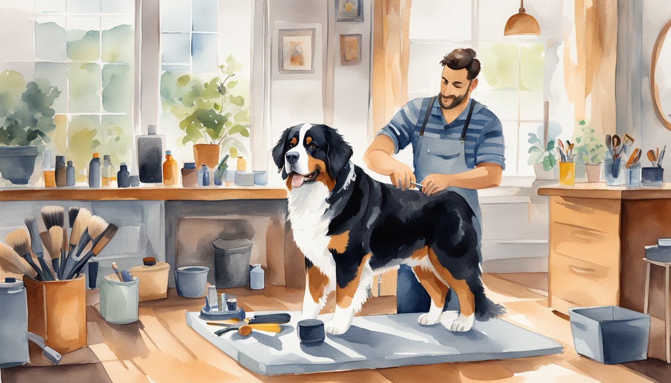 A Bernese Mountain Dog being brushed and groomed by its owner, surrounded by grooming tools and a comfortable, well-lit grooming area