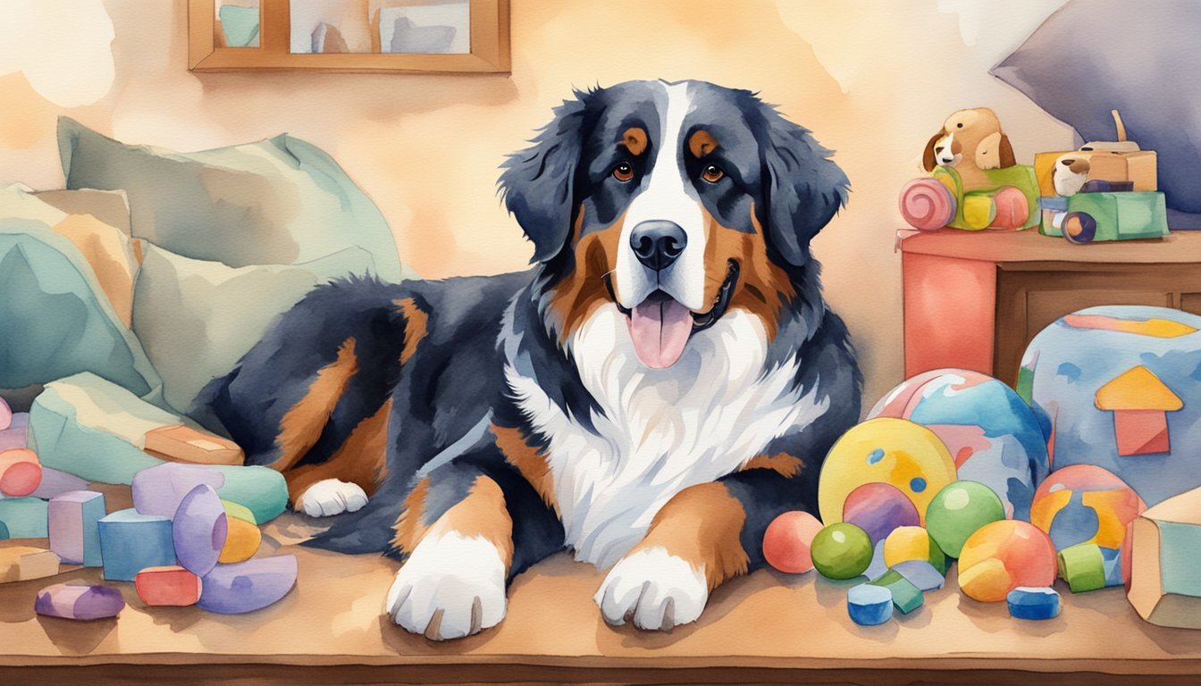 A Bernese Mountain Dog surrounded by toys, a food bowl, and a cozy bed, with a short lifespan warning sign in the background