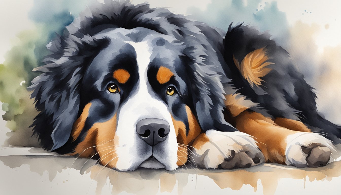 A Bernese Mountain Dog lies next to a list of health issues.</p><p>Its large frame and thick fur are prominent, conveying strength and potential vulnerability